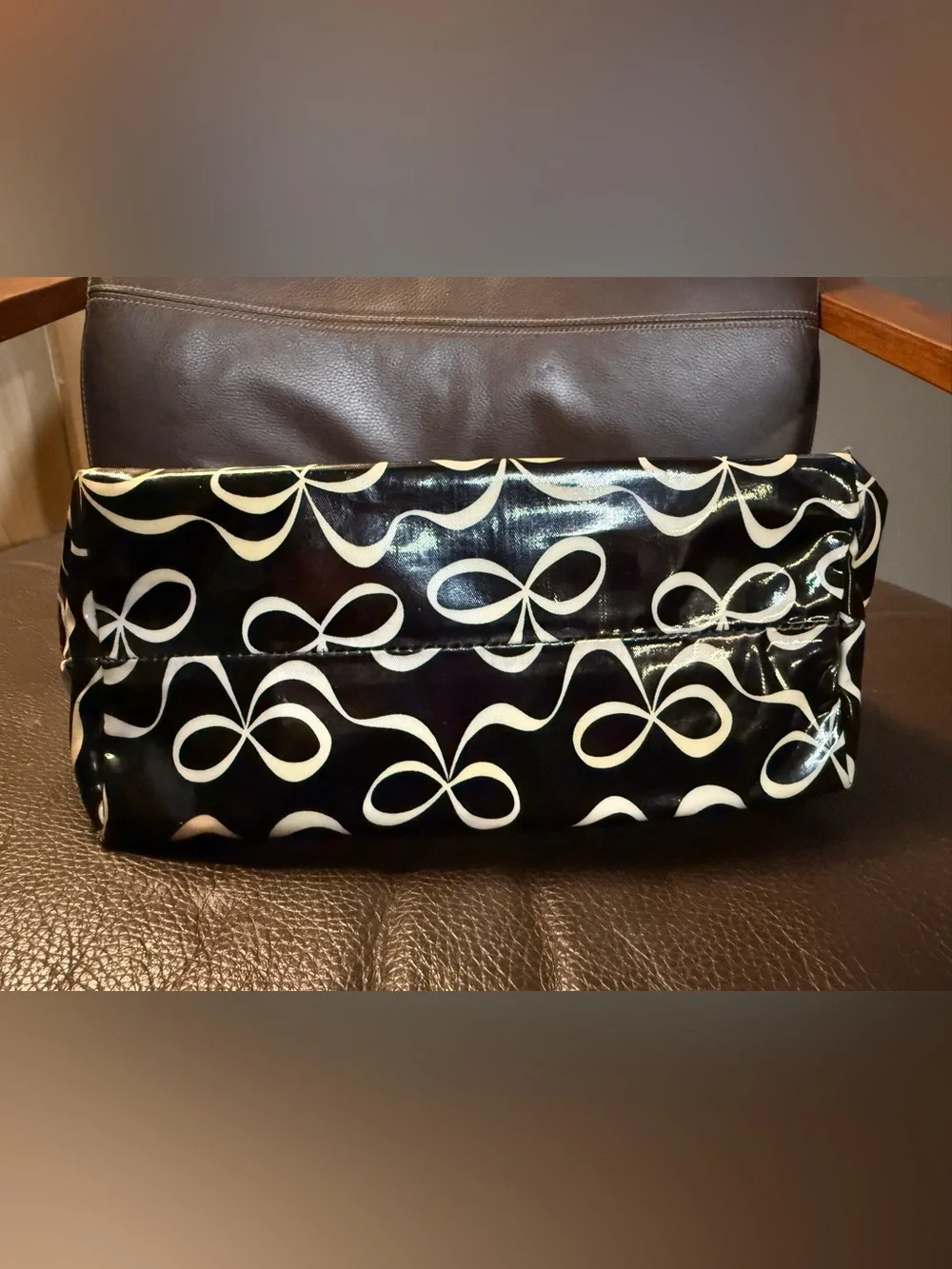 kate spade Black Tote with Cream Bow Print and Pink Handles